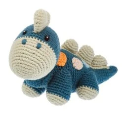Doudou Hochet Dinosaure Steggi Bleu Pétrole 25cm Pebble® Maille Crochet Coton Bio - Doudou Bébé Bio