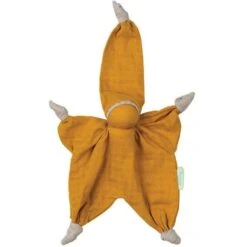 Doudou Plat Bébé Hoppa® LutinSisco Mousseline Ocre 24cm Coton Bio GOTS - Doudou Bébé