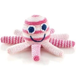 Hochet Poulpe Rose Pale 15cm Pebble® Maille Crochet Coton Bio - Doudou Bébé Bio